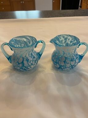 Blue and White Art Glass Creamer and Sugar Set
